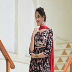 Black Rayon Anarkali Kurta Pant Dupatta Set