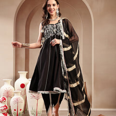 Stylum Women's Black Solid & Embroidered Cotton A-Line Kurta Dhoti Pant Dupatta Set (KPDBLACKPANASH)