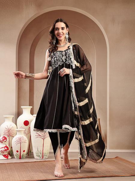 Stylum Women's Black Solid & Embroidered Cotton A-Line Kurta Dhoti Pant Dupatta Set (KPDBLACKPANASH)