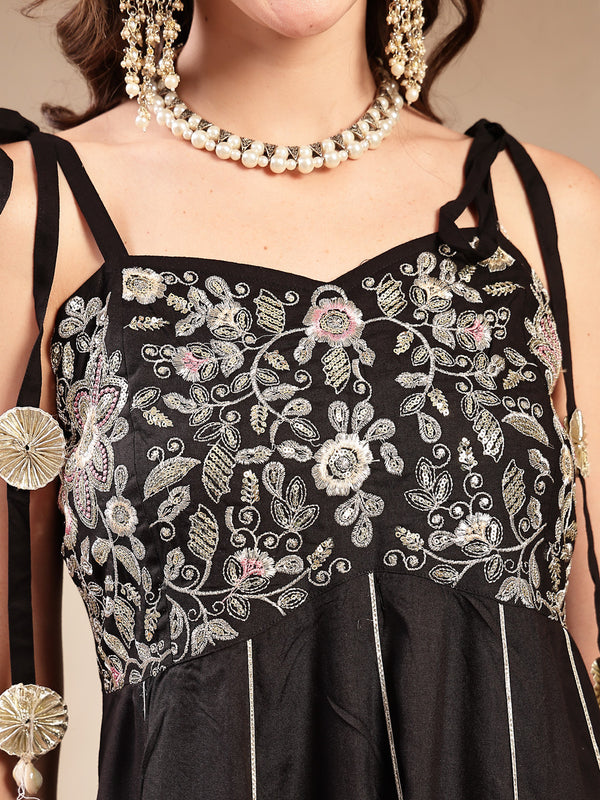 Stylum Women's Black Solid & Embroidered Cotton A-Line Kurta Dhoti Pant Dupatta Set (KPDBLACKPANASH)