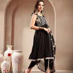 Stylum Women's Black Solid & Embroidered Cotton A-Line Kurta Dhoti Pant Dupatta Set (KPDBLACKPANASH)