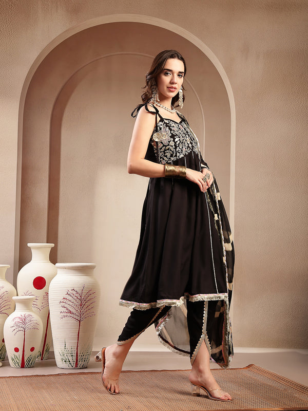 Stylum Women's Black Solid & Embroidered Cotton A-Line Kurta Dhoti Pant Dupatta Set (KPDBLACKPANASH)