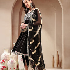 Stylum Women's Black Solid & Embroidered Cotton A-Line Kurta Dhoti Pant Dupatta Set (KPDBLACKPANASH)