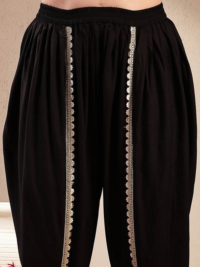 Stylum Women's Black Solid & Embroidered Cotton A-Line Kurta Dhoti Pant Dupatta Set (KPDBLACKPANASH)