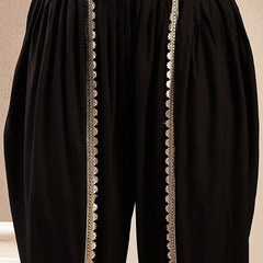 Stylum Women's Black Solid & Embroidered Cotton A-Line Kurta Dhoti Pant Dupatta Set (KPDBLACKPANASH)
