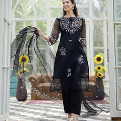 Stylum Women's Black Solid & Embroidered Cotton Straight Kurta Pant Dupatta Set (KPDBLACKPITHORA)
