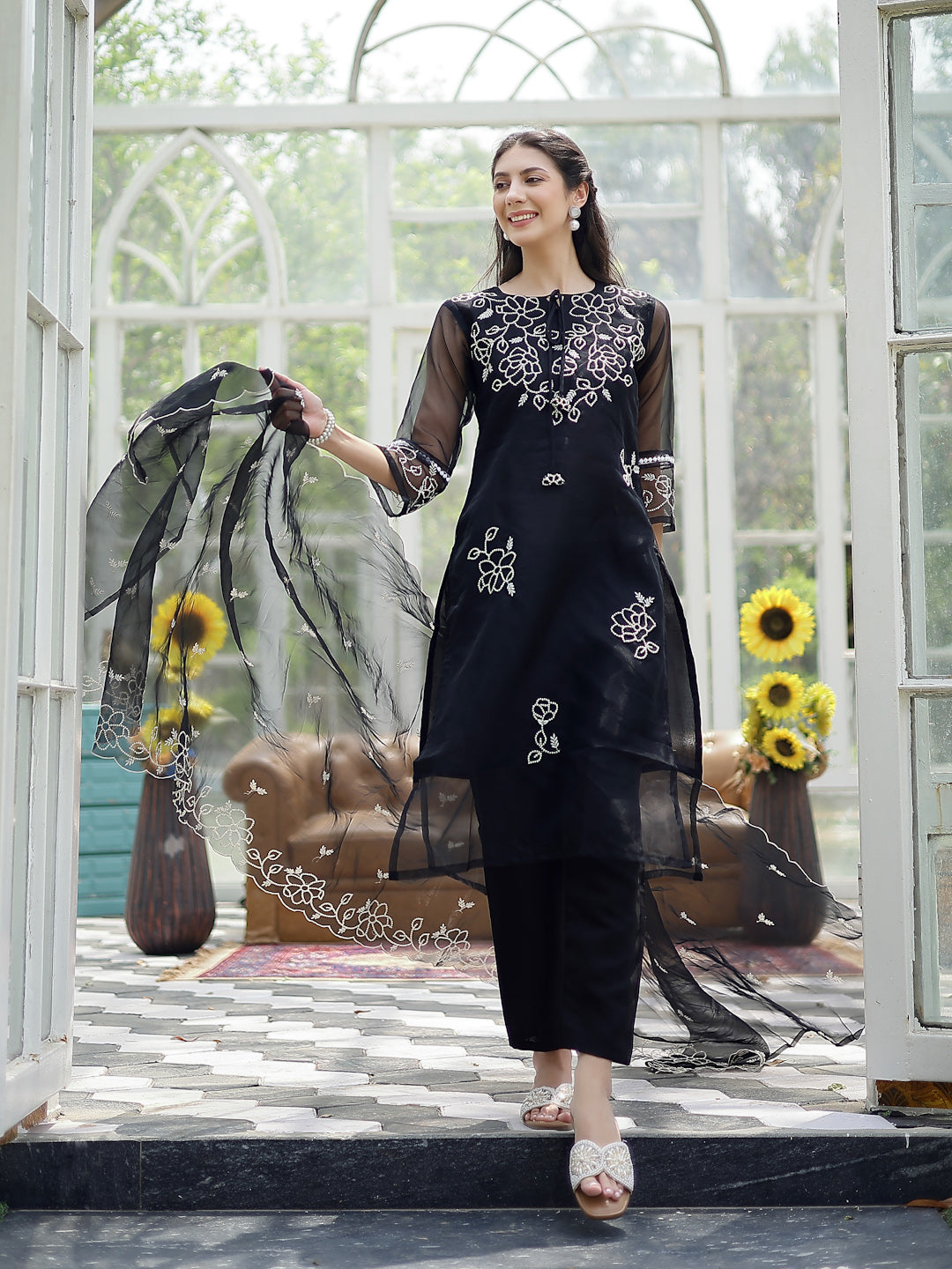 Stylum Women's Black Solid & Embroidered Cotton Straight Kurta Pant Dupatta Set (KPDBLACKPITHORA)