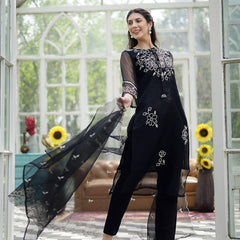 Stylum Women's Black Solid & Embroidered Cotton Straight Kurta Pant Dupatta Set (KPDBLACKPITHORA)