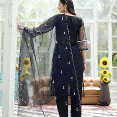 Stylum Women's Black Solid & Embroidered Cotton Straight Kurta Pant Dupatta Set (KPDBLACKPITHORA)