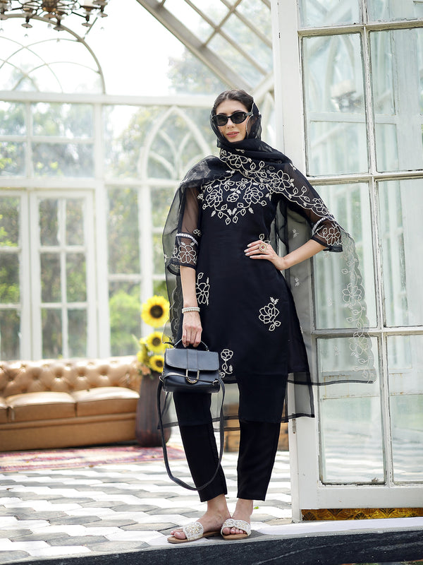 Stylum Women's Black Solid & Embroidered Cotton Straight Kurta Pant Dupatta Set (KPDBLACKPITHORA)