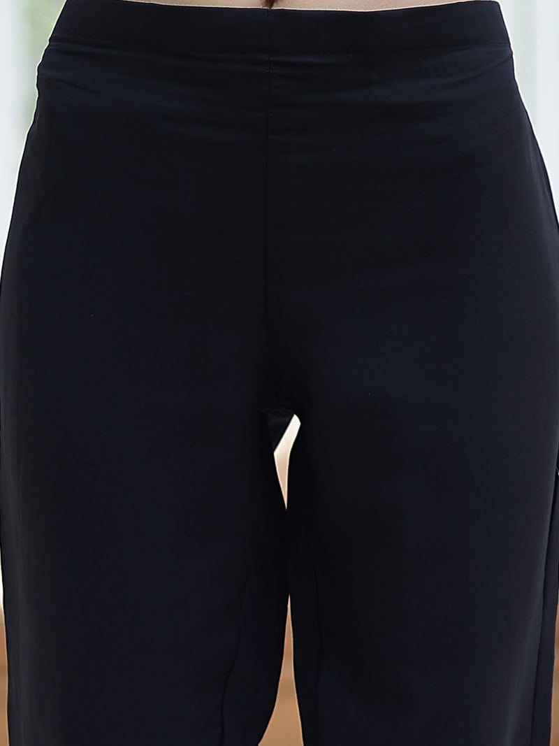 Stylum Women's Black Solid & Embroidered Cotton Straight Kurta Pant Dupatta Set (KPDBLACKPITHORA)