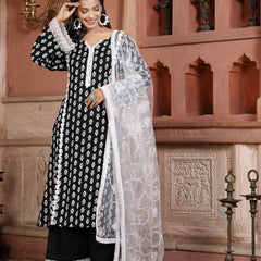 Stylum Women's Floral Printed Rayon Straight Kurta Palazzo Dupatta Set  (KPDBLACKRIDA)