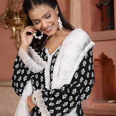 Stylum Women's Floral Printed Rayon Straight Kurta Palazzo Dupatta Set  (KPDBLACKRIDA)
