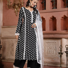 Stylum Women's Floral Printed Rayon Straight Kurta Palazzo Dupatta Set  (KPDBLACKRIDA)