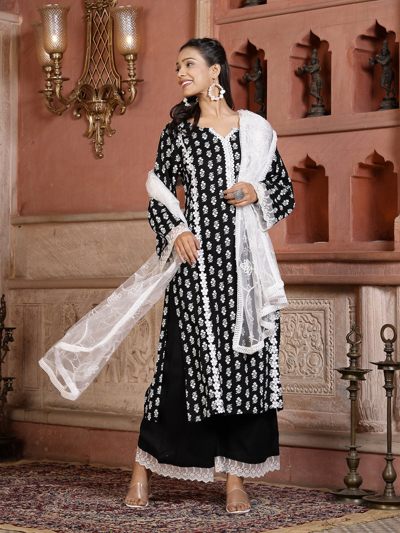 Stylum Women's Floral Printed Rayon Straight Kurta Palazzo Dupatta Set  (KPDBLACKRIDA)
