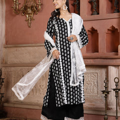 Stylum Women's Floral Printed Rayon Straight Kurta Palazzo Dupatta Set  (KPDBLACKRIDA)