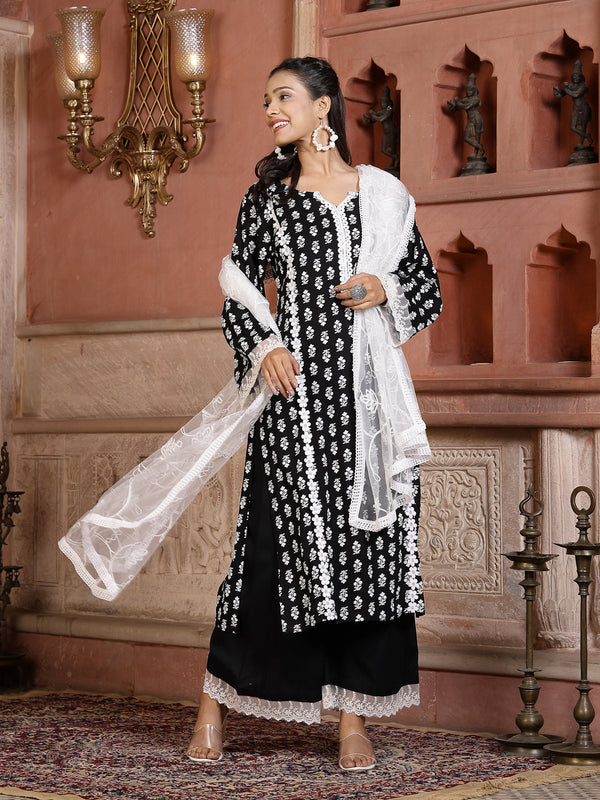 Stylum Women's Floral Printed Rayon Straight Kurta Palazzo Dupatta Set  (KPDBLACKRIDA)