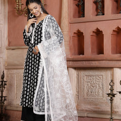 Stylum Women's Floral Printed Rayon Straight Kurta Palazzo Dupatta Set  (KPDBLACKRIDA)