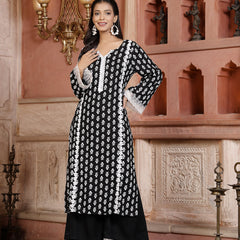 Stylum Women's Floral Printed Rayon Straight Kurta Palazzo Dupatta Set  (KPDBLACKRIDA)