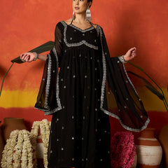 Stylum Women's Black Solid & Embroidered Georgette Anarkali Kurta Pant With Dupatta (KPDBLACKRITU)