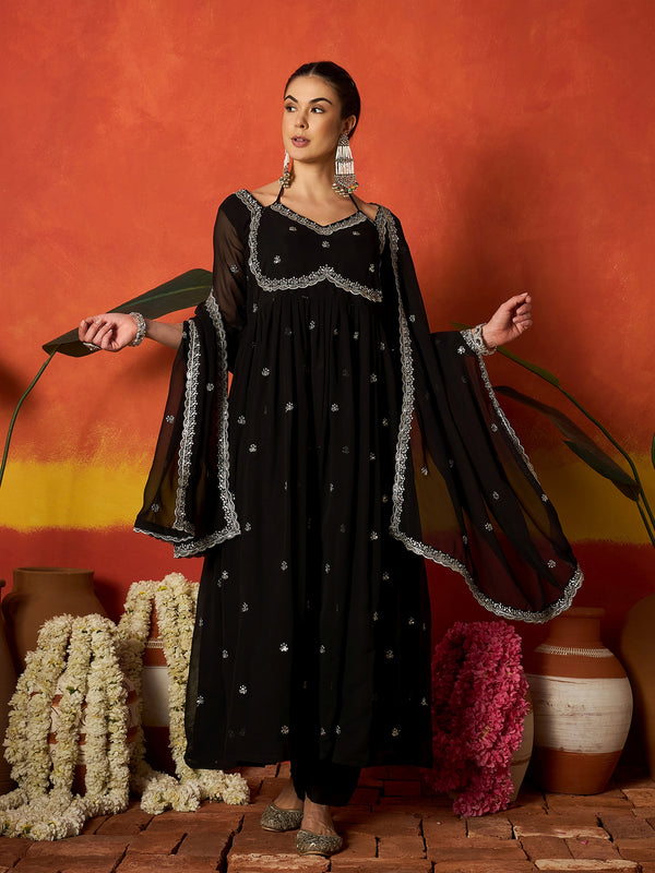 Stylum Women's Black Solid & Embroidered Georgette Anarkali Kurta Pant With Dupatta (KPDBLACKRITU)