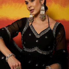Stylum Women's Black Solid & Embroidered Georgette Anarkali Kurta Pant With Dupatta (KPDBLACKRITU)