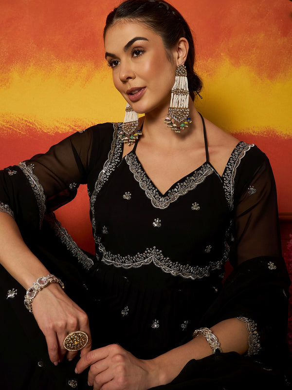 Stylum Women's Black Solid & Embroidered Georgette Anarkali Kurta Pant With Dupatta (KPDBLACKRITU)