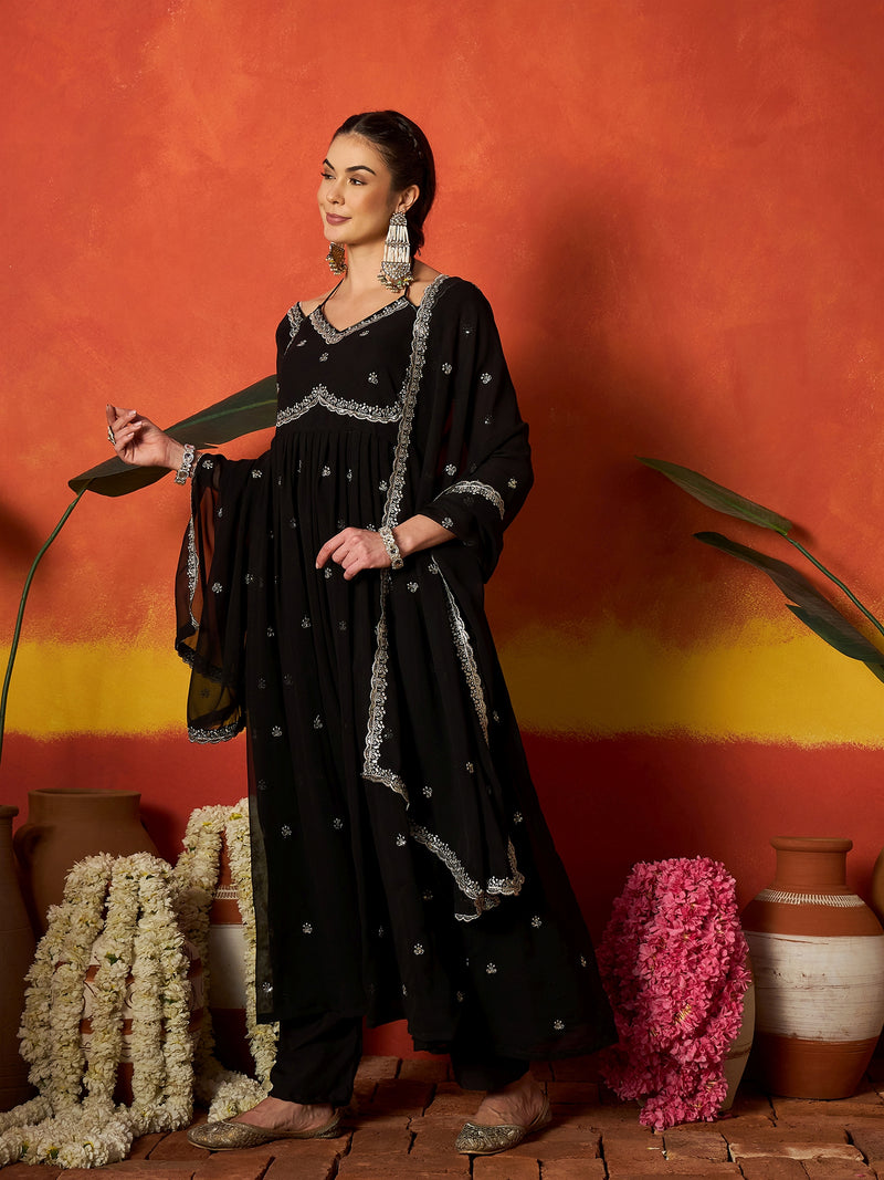Stylum Women's Black Solid & Embroidered Georgette Anarkali Kurta Pant With Dupatta (KPDBLACKRITU)