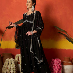 Stylum Women's Black Solid & Embroidered Georgette Anarkali Kurta Pant With Dupatta (KPDBLACKRITU)