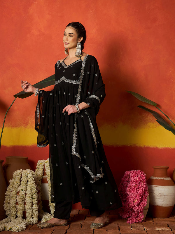 Stylum Women's Black Solid & Embroidered Georgette Anarkali Kurta Pant With Dupatta (KPDBLACKRITU)