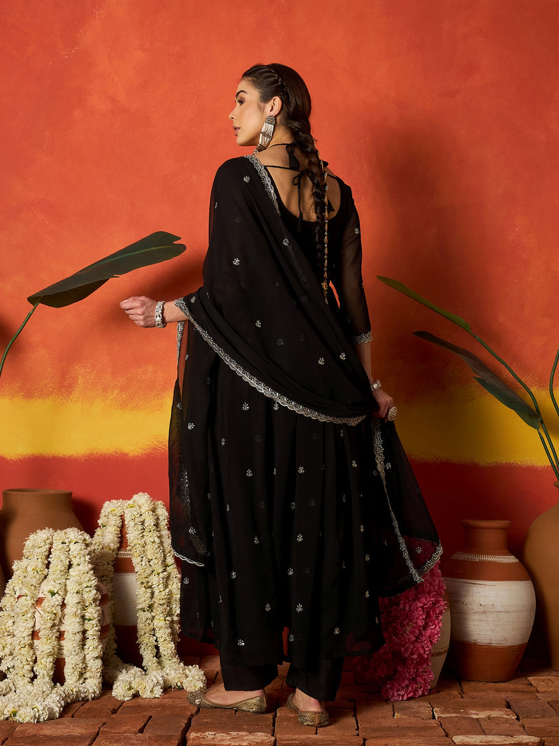 Stylum Women's Black Solid & Embroidered Georgette Anarkali Kurta Pant With Dupatta (KPDBLACKRITU)
