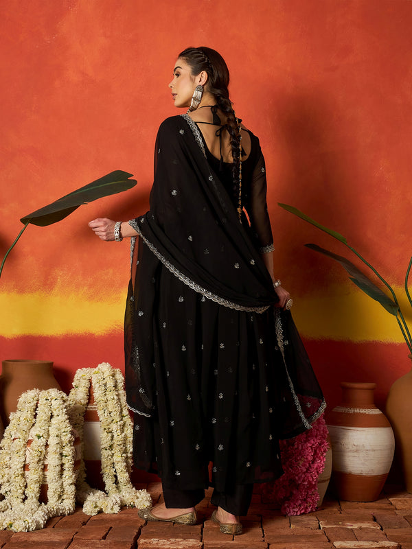 Stylum Women's Black Solid & Embroidered Georgette Anarkali Kurta Pant With Dupatta (KPDBLACKRITU)