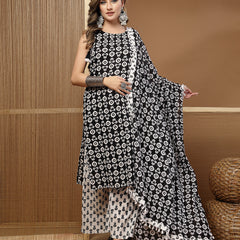 Stylum Women's Black Ethnic Motif Printed Cotton Straight Kurta Palazzo Dupatta Set (KPDBLACKROSHAN)