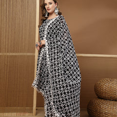 Stylum Women's Black Ethnic Motif Printed Cotton Straight Kurta Palazzo Dupatta Set (KPDBLACKROSHAN)