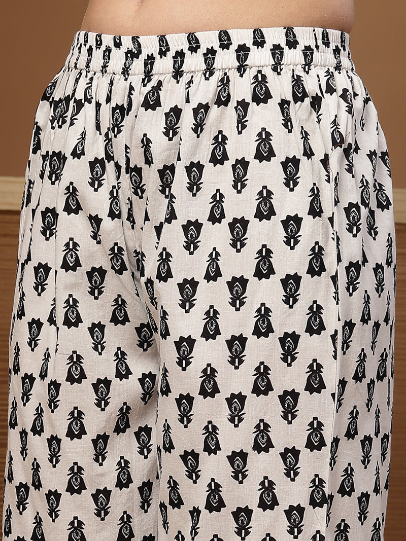 Stylum Women's Black Ethnic Motif Printed Cotton Straight Kurta Palazzo Dupatta Set (KPDBLACKROSHAN)