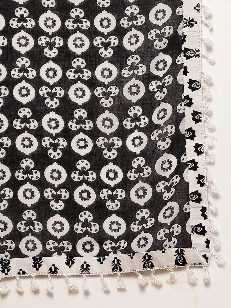 Stylum Women's Black Ethnic Motif Printed Cotton Straight Kurta Palazzo Dupatta Set (KPDBLACKROSHAN)