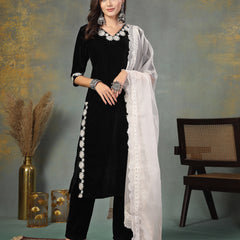Stylum Women's Black Solid & Embroidered Velvet Straight Kurta Pant Dupatta Set (KPDBLACKSAYRA)