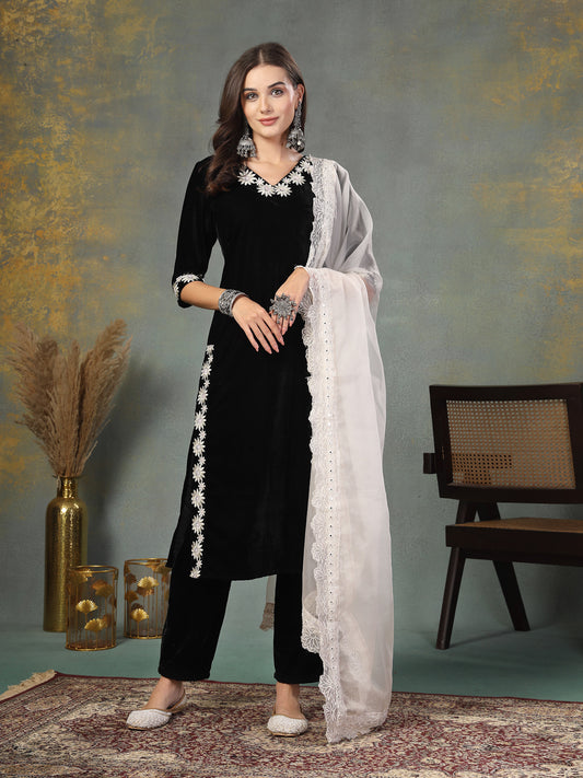 Stylum Women's Black Solid & Embroidered Velvet Straight Kurta Pant Dupatta Set (KPDBLACKSAYRA)