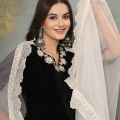 Stylum Women's Black Solid & Embroidered Velvet Straight Kurta Pant Dupatta Set (KPDBLACKSAYRA)
