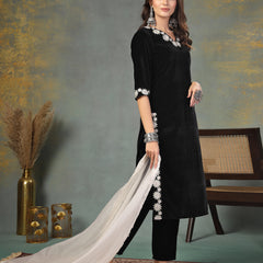 Stylum Women's Black Solid & Embroidered Velvet Straight Kurta Pant Dupatta Set (KPDBLACKSAYRA)