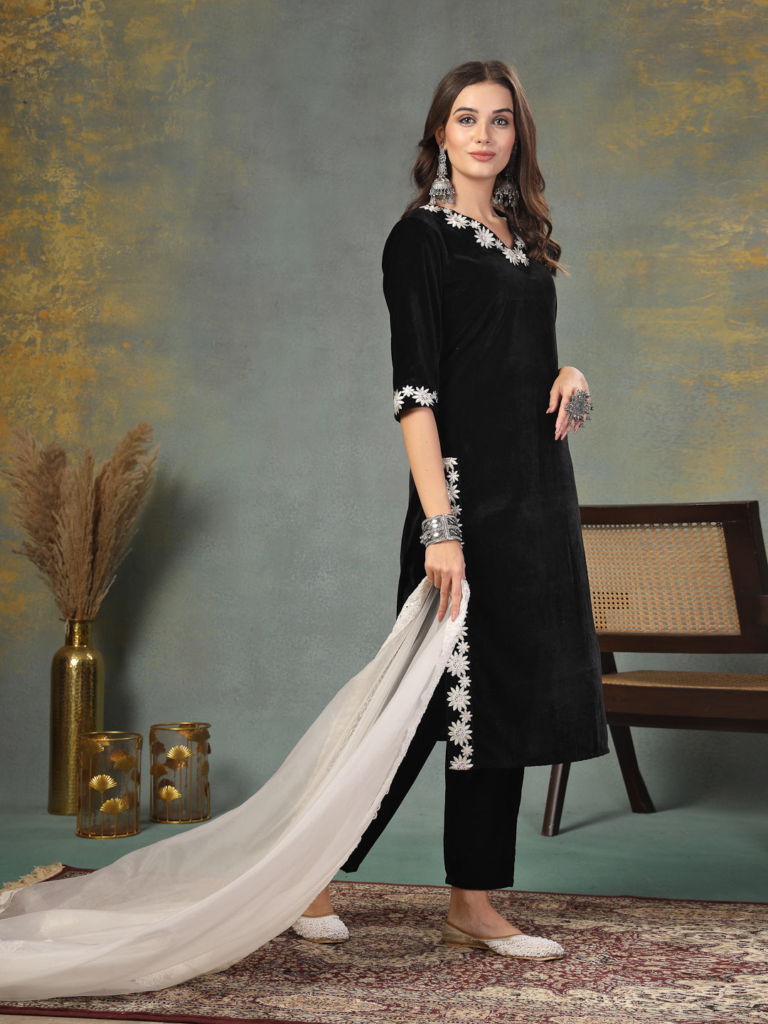 Stylum Women's Black Solid & Embroidered Velvet Straight Kurta Pant Dupatta Set (KPDBLACKSAYRA)