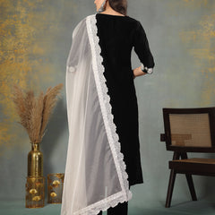 Stylum Women's Black Solid & Embroidered Velvet Straight Kurta Pant Dupatta Set (KPDBLACKSAYRA)