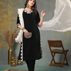 Stylum Women's Black Solid & Embroidered Velvet Straight Kurta Pant Dupatta Set (KPDBLACKSAYRA)