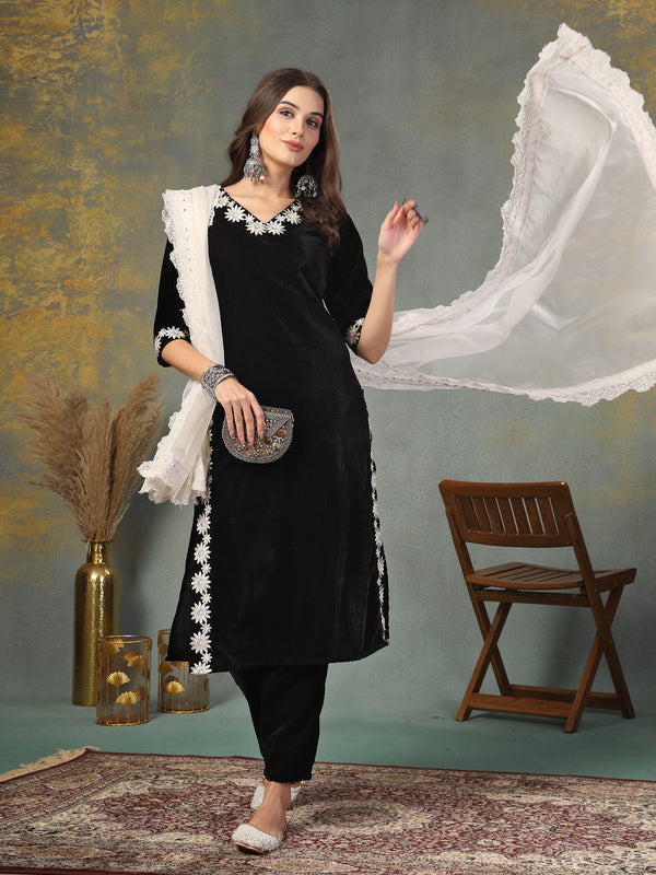 Stylum Women's Black Solid & Embroidered Velvet Straight Kurta Pant Dupatta Set (KPDBLACKSAYRA)