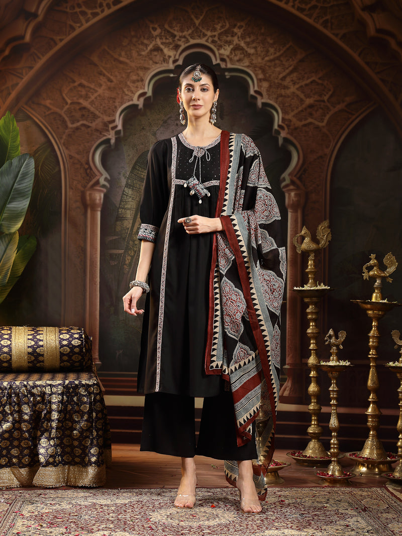 Stylum Women's Black Solid Rayon A-Line Kurta Pant Dupatta Set (KPDBLACKSIFAR)