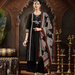 Stylum Women's Black Solid Rayon A-Line Kurta Pant Dupatta Set (KPDBLACKSIFAR)