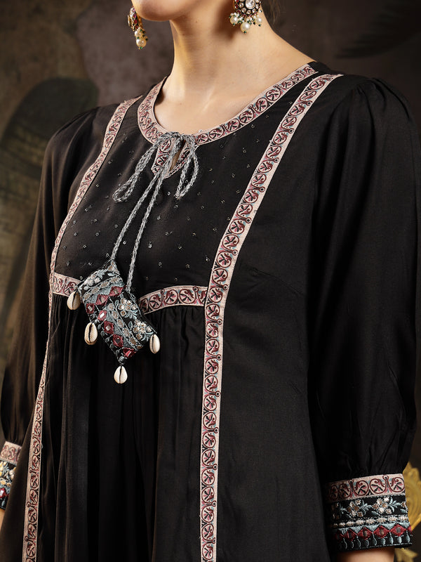 Stylum Women's Black Solid Rayon A-Line Kurta Pant Dupatta Set (KPDBLACKSIFAR)