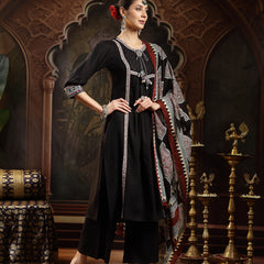 Stylum Women's Black Solid Rayon A-Line Kurta Pant Dupatta Set (KPDBLACKSIFAR)