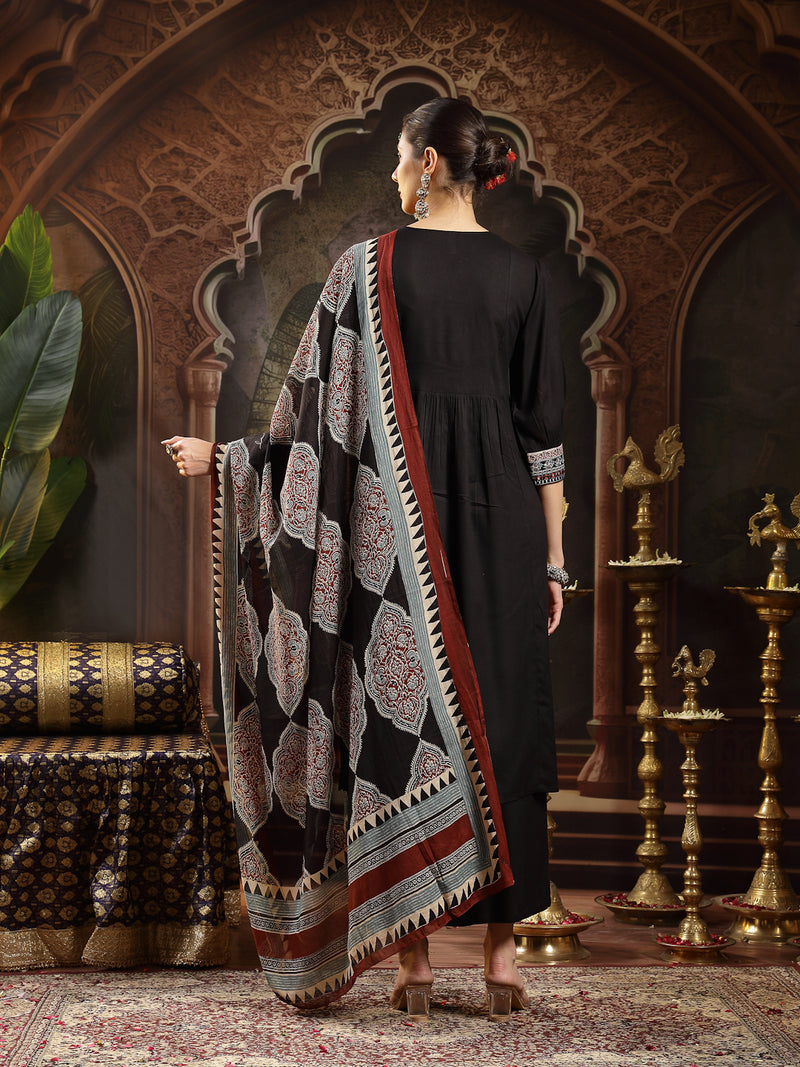 Stylum Women's Black Solid Rayon A-Line Kurta Pant Dupatta Set (KPDBLACKSIFAR)