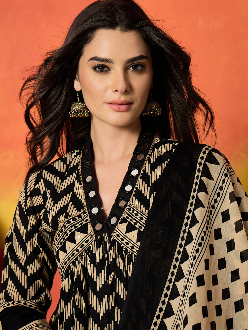 Stylum Women's Black Chevron Printed Cotton Anarkali Kurta Pant Dupatta Set (KPDBLACKSOONY)